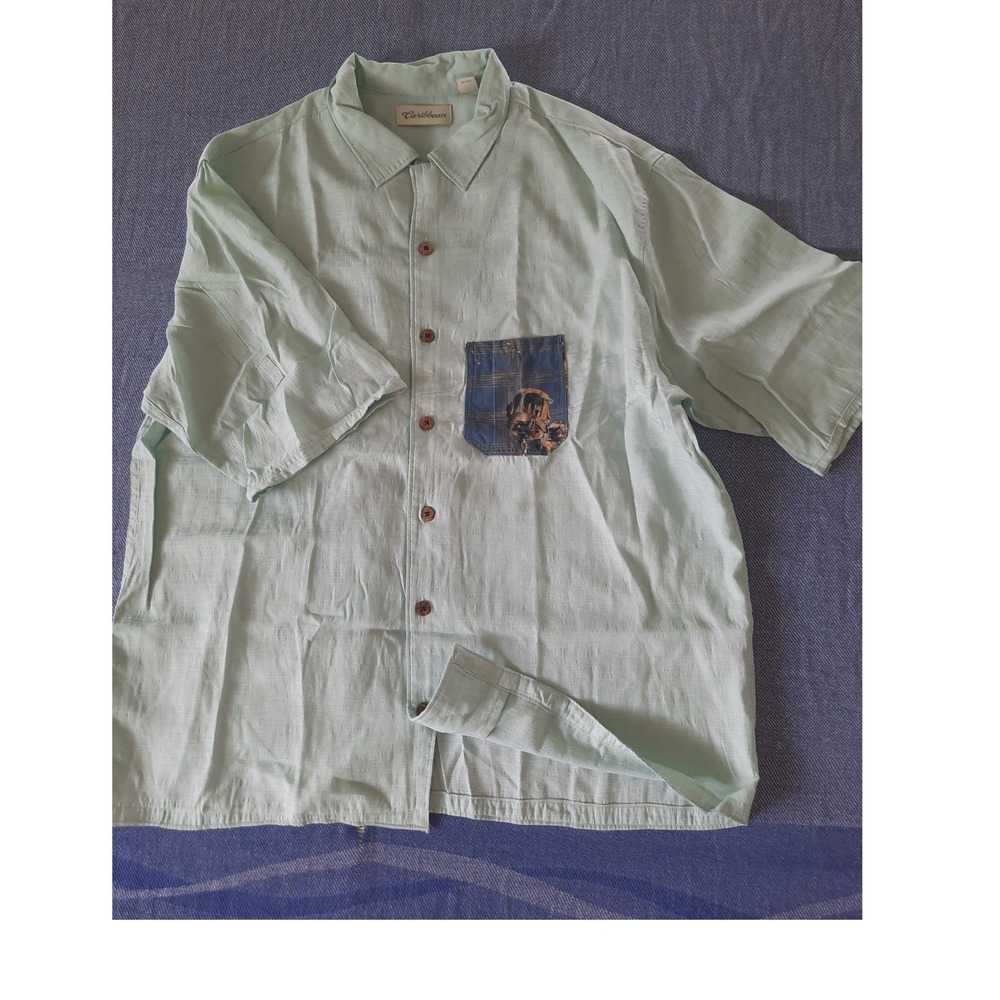 Caribbean Mens Mint Green Short Sleeve Button summer Shirt Contrast Pocket Large